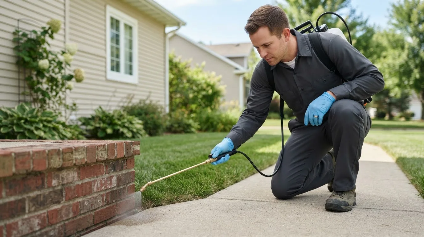 Pest control technician treating a home near Aitkin, MN